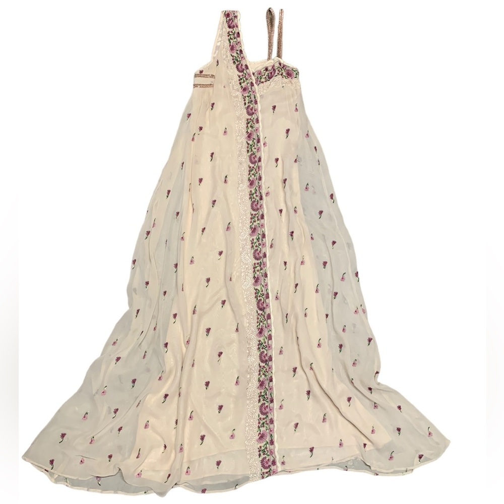 Elegant Cream Maxi Dress with Pink Floral Embroidery